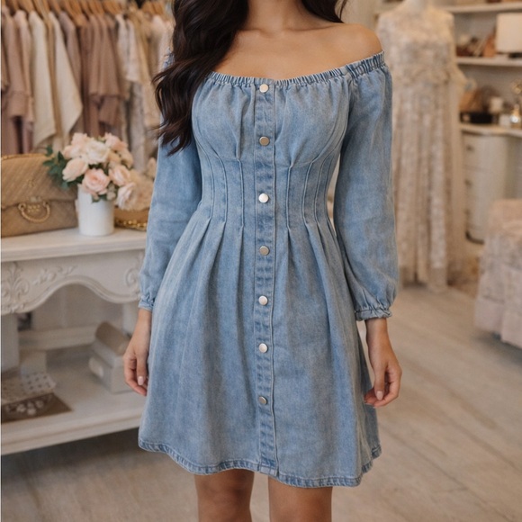 VENUS Dresses & Skirts - VENUS Light Wash Denim Off-Shoulder Button Front Mini Dress Size 2 Corset Waist